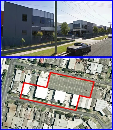The UMA facility in Guildford, NSW: the street frontage above, and the site outlined in red on an aerial view below