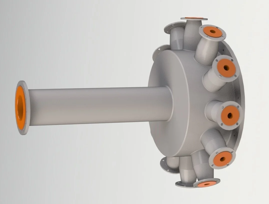 A CAD render of a custom polyurethane-lined distributor with radial outlet spigots