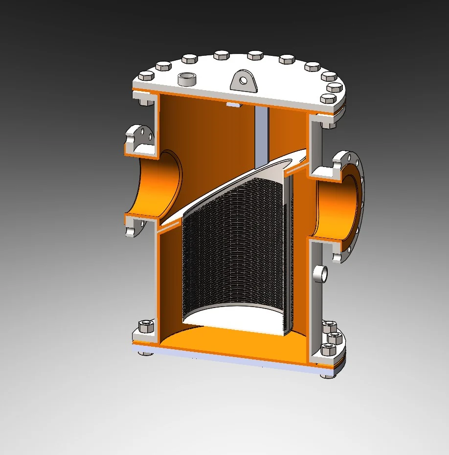A cutaway CAD render of a polyurethane-lined housing with an internal screen element