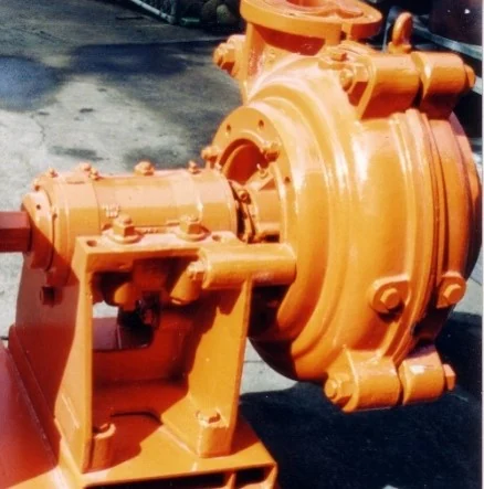 A rebuilt AH type slurry pump, close up on the bearing assembly, shaft and volute