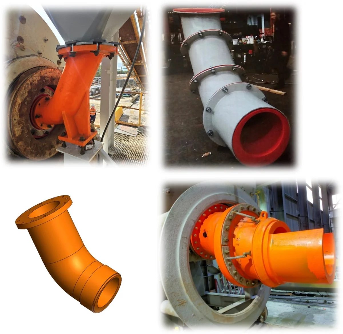 Ball mill feed spout liners and casings, as a CAD render and installed on the mill