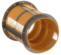 A polyurethane-lined trommel screen basket with steel end flanges