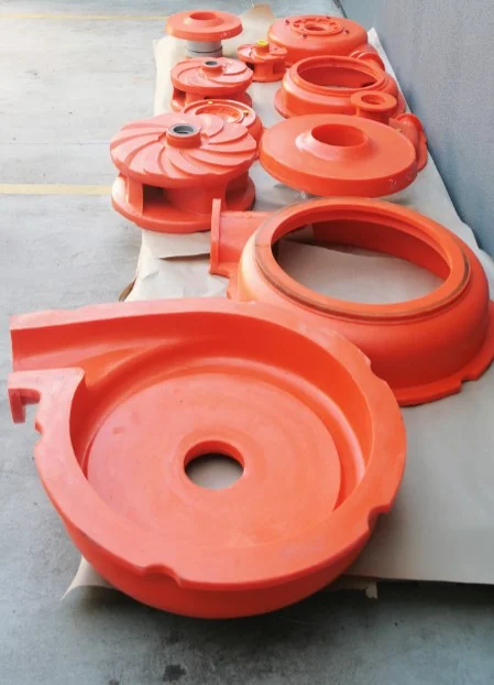 Moulded polyurethane frame plate and cover plate liners and impellers laid out in the UMA workshop