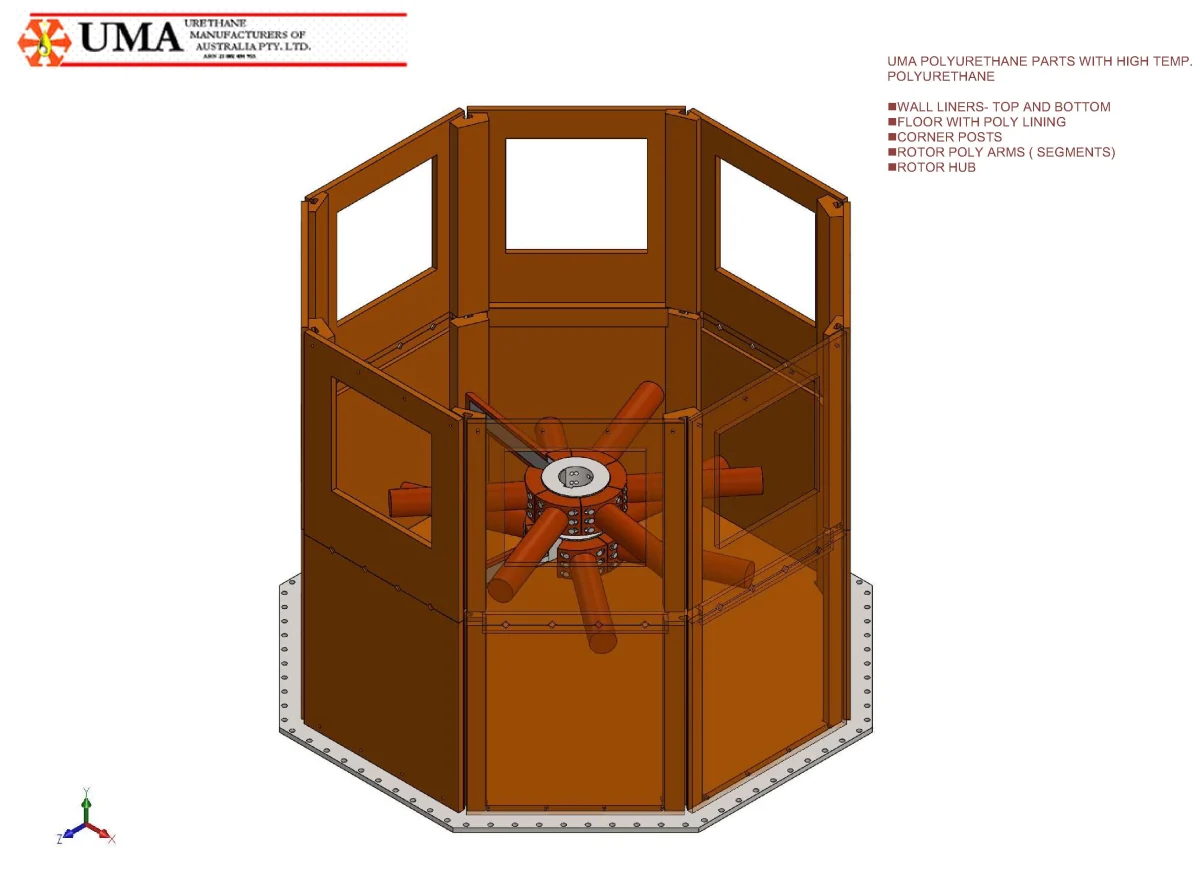 A CAD assembly of an ultra fine mill lined in UMA DUREST: wall liners, floor lining, corner posts and rotor arms